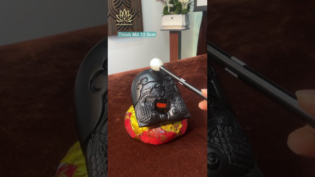 Mõ Gỗ Mun Khắc Song Ngư Cao Cấp, đường kính 12.5cm