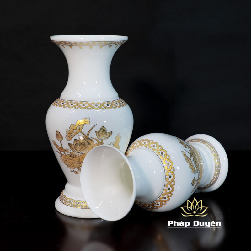 Lọ Hoa (Bình Bông) Thờ Cúng Sứ Trắng Hoa Sen Vàng, Nhiều Kích Thước - Ảnh 4