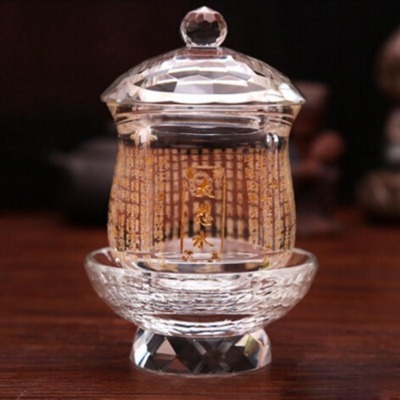 Ly (Cốc / Chén) Nước Thờ Pha Lê "Đại Bi Thuỷ", Khắc "Chú Đại Bi", Cao 13.5cm