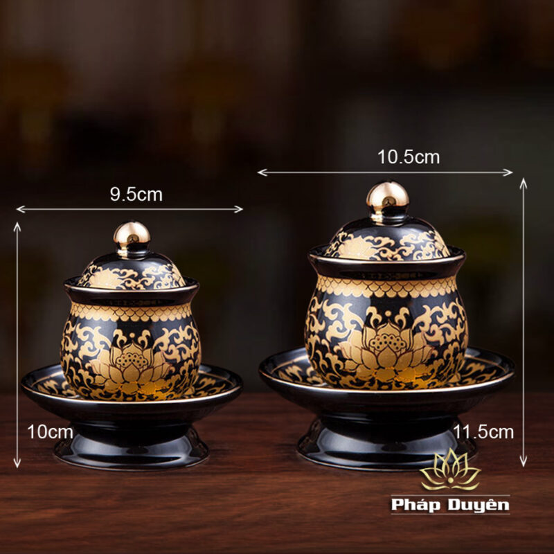 Ly Nước Thờ Gốm Màu Đen Hoa Sen Vàng, Nhiều Kích Cỡ - Ảnh 3