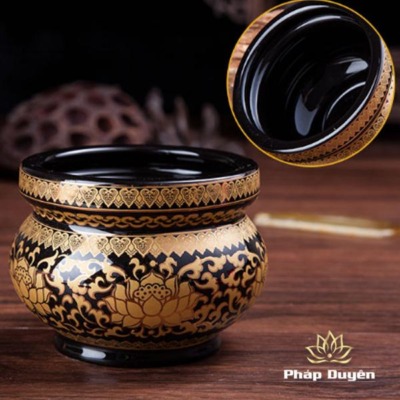 Alternative view of Bát Hương (Bát Nhang) Gốm Màu Đen Viền Vàng, Nhiều Kích Cỡ