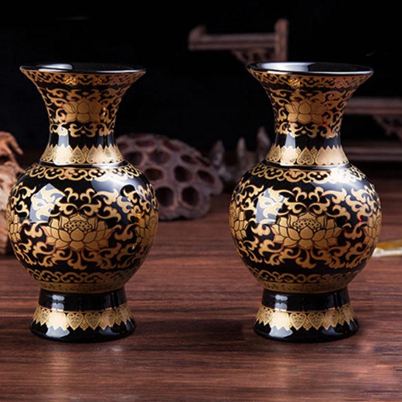 Lọ Hoa (Bình Bông) Thờ Cúng Gốm Màu Đen Hoa Sen Vàng, Nhiều Kích Cỡ