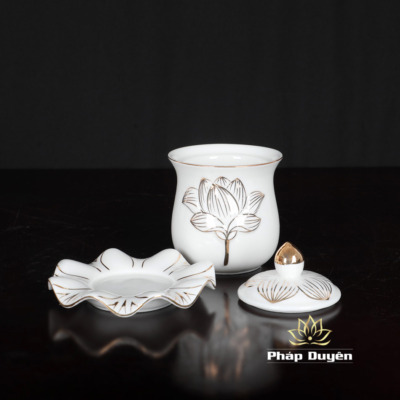 Alternative view of Ly Nước Thờ Bằng Gốm Trắng Hoa Sen Viền Vàng, Nhiều Kích Cỡ