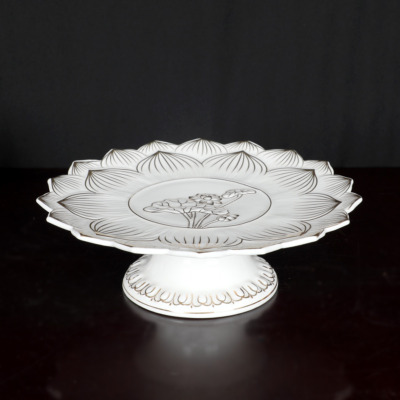 Đĩa Thờ (Mâm Bồng) Gốm Trắng Hoa Sen Viền Vàng, Nhiều Kích Cỡ