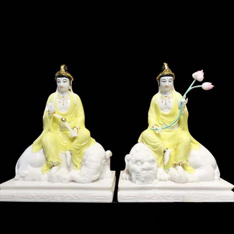 Tượng Văn Thù & Phổ Hiền Ngồi, Bột Đá Sơn Vàng, Cao 41cm