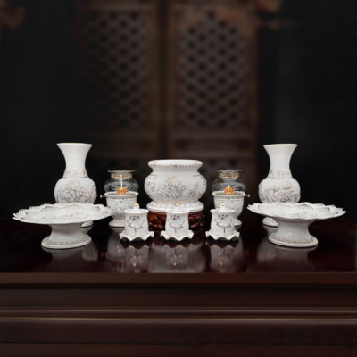 Bộ Đồ Thờ Gốm Trắng Hoa Sen Viền Vàng, Nhiều Kích Cỡ