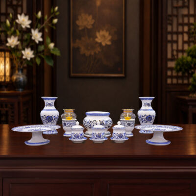Bộ Đồ Thờ Sứ Trắng Hoa Sen Xanh