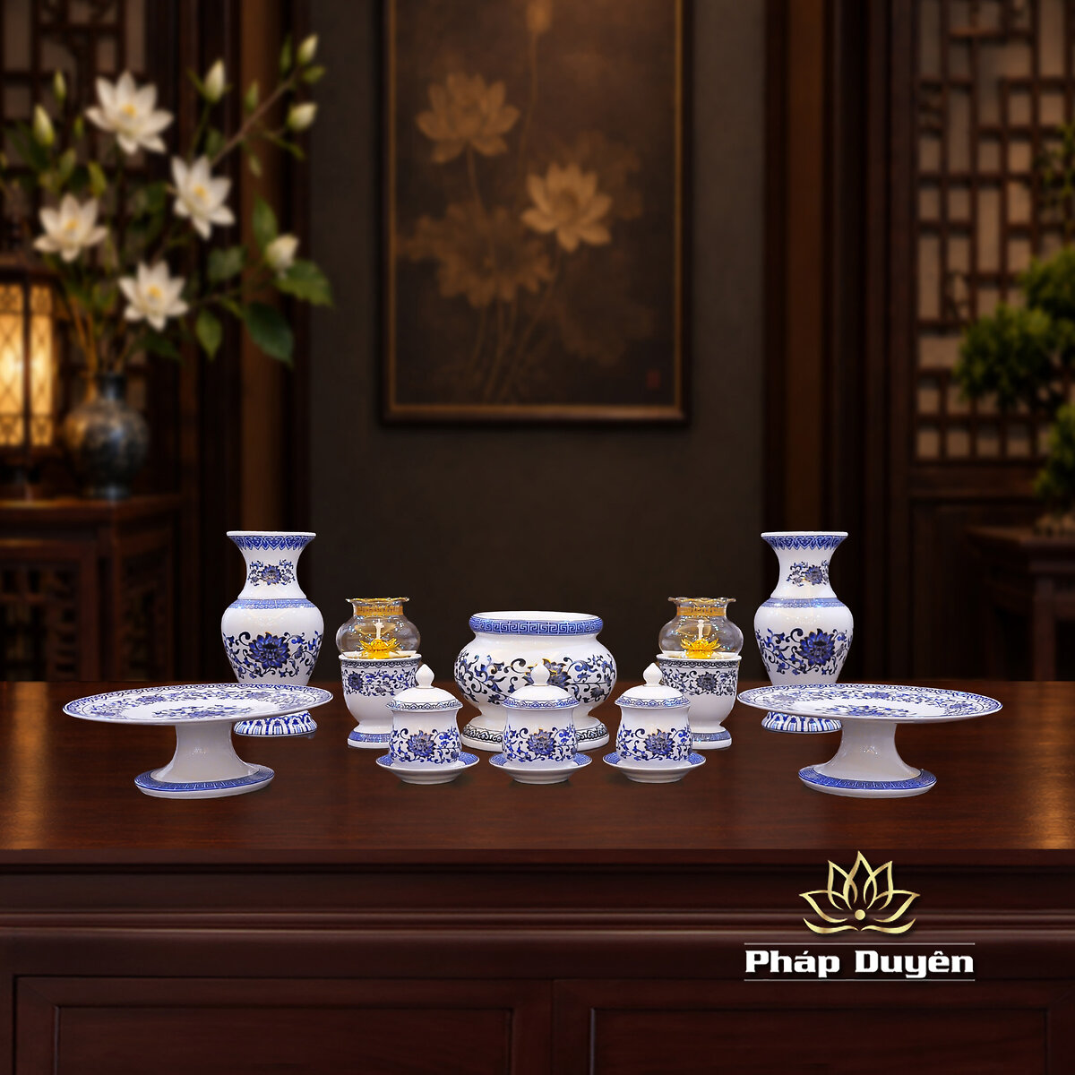 Bộ Đồ Thờ Sứ Trắng Hoa Sen Xanh - ảnh 5