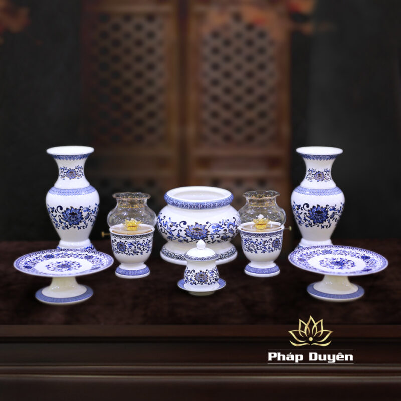 Bộ Đồ Thờ Sứ Trắng Hoa Sen Xanh - Ảnh 2