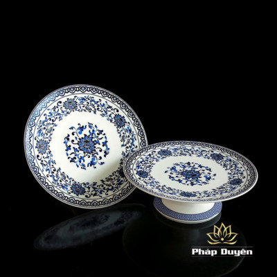 Alternative view of Đĩa Thờ (Mâm Bồng) Sứ Trắng Hoa Sen Xanh, Nhiều Kích Cỡ