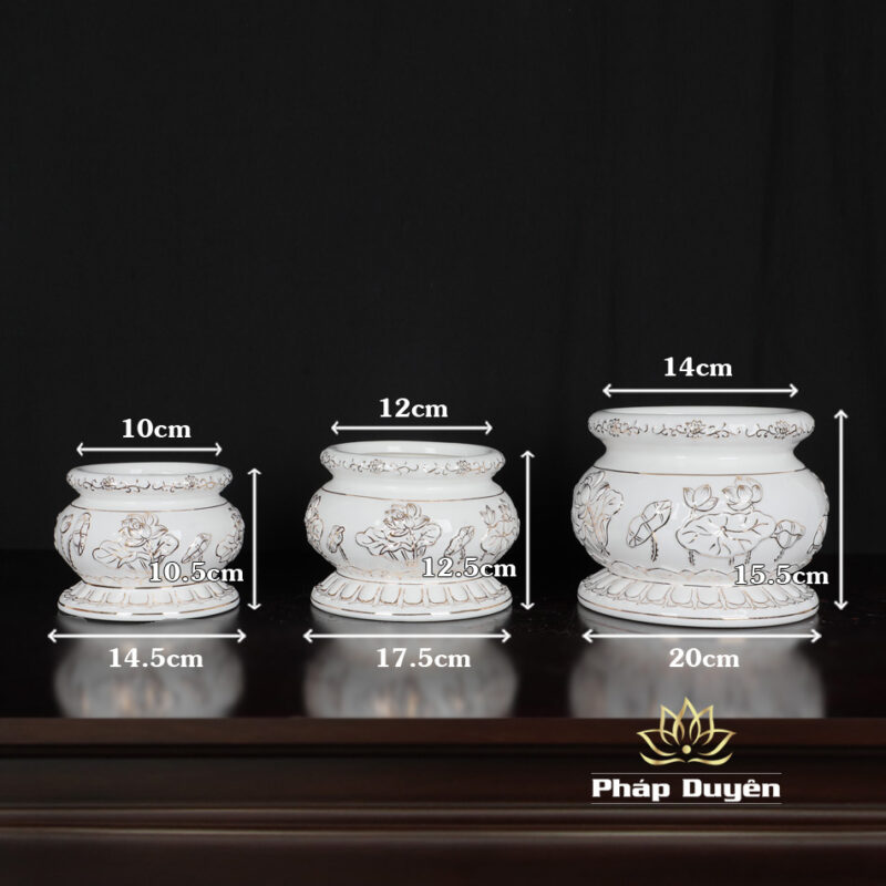 Bát Hương (Bát Nhang) Gốm Trắng Hoa Sen Viền Vàng, Nhiều Kích Cỡ - Ảnh 2