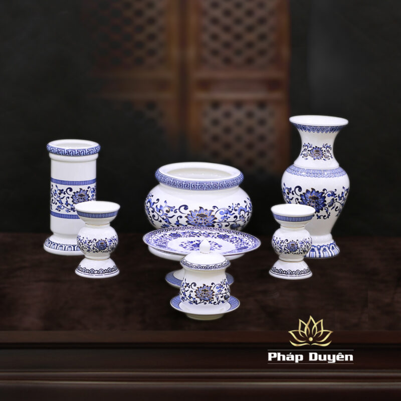 Bộ Đồ Thờ Sứ Trắng Hoa Sen Xanh - Ảnh 4