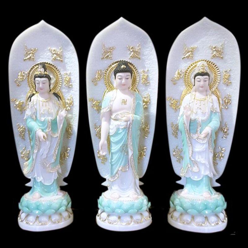 Bộ Tượng Tây Phương Tam Thánh Đứng, Bột Đá Trắng Xanh Viền Vàng, Cao 66cm