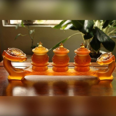 Bộ 3 Chén Nước Lưu Ly Mầu Vàng Cao 9cm, Đế Như Ý