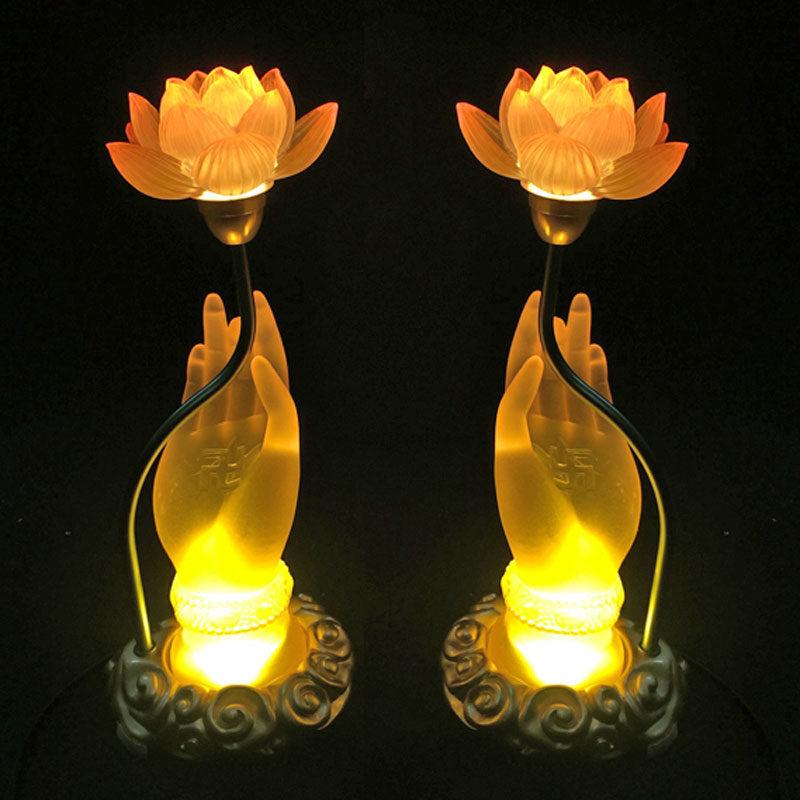Đèn Tay Phật Đổi Màu Cầm Hoa Sen Màu Vàng, Cao 32cm