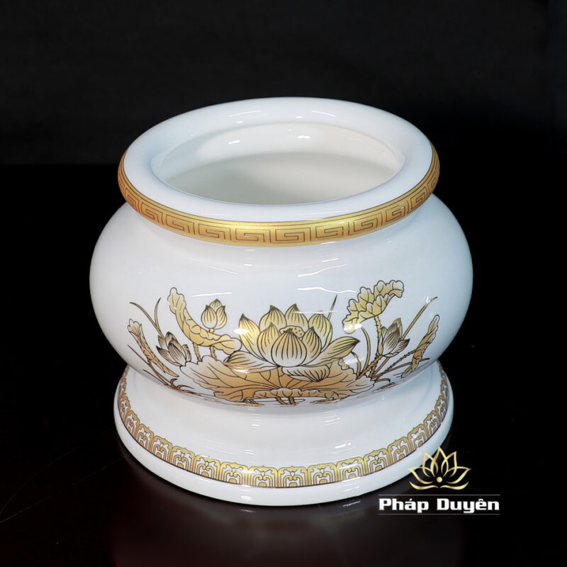 Bát Hương (Bát Nhang) Sứ Trắng Hoa Sen Vàng, Nhiều Kích Thước - Ảnh 3