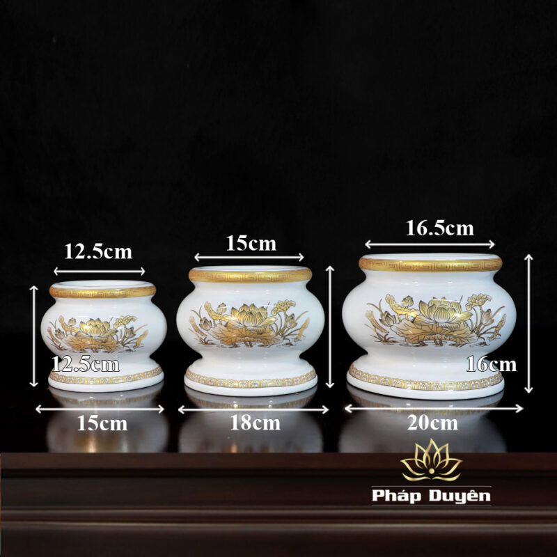 Bát Hương (Bát Nhang) Sứ Trắng Hoa Sen Vàng, Nhiều Kích Thước - Ảnh 4