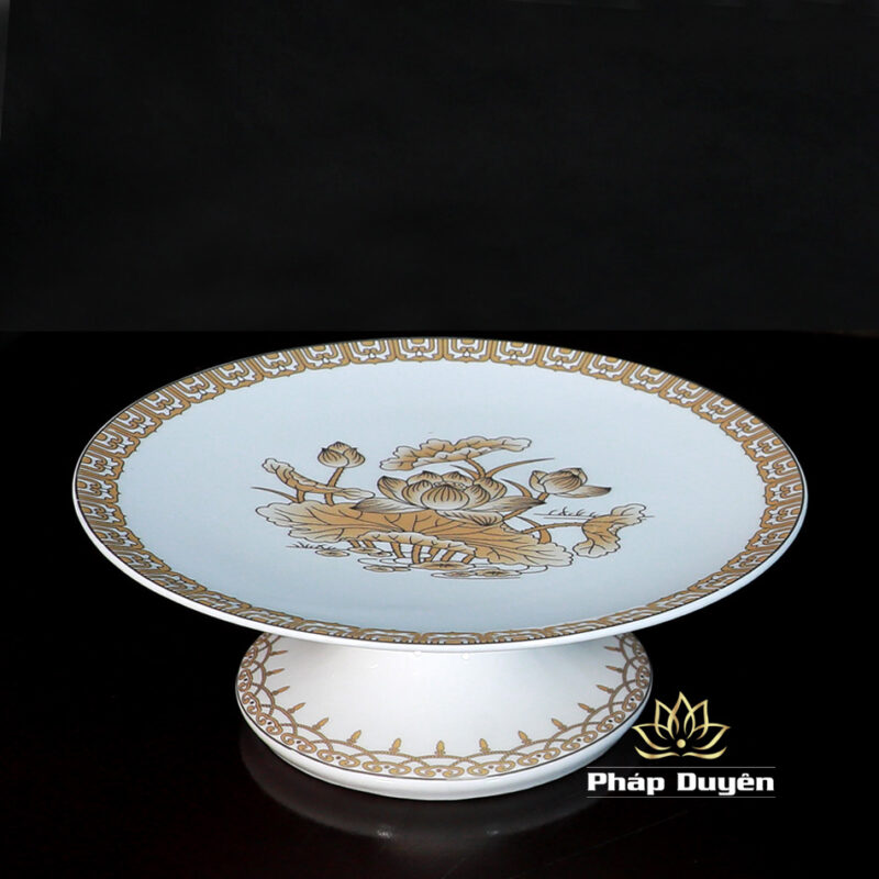Đĩa Thờ (Mâm Bồng) Sứ Trắng Hoa Sen Vàng, Đường Kính 20-23cm - Ảnh 4