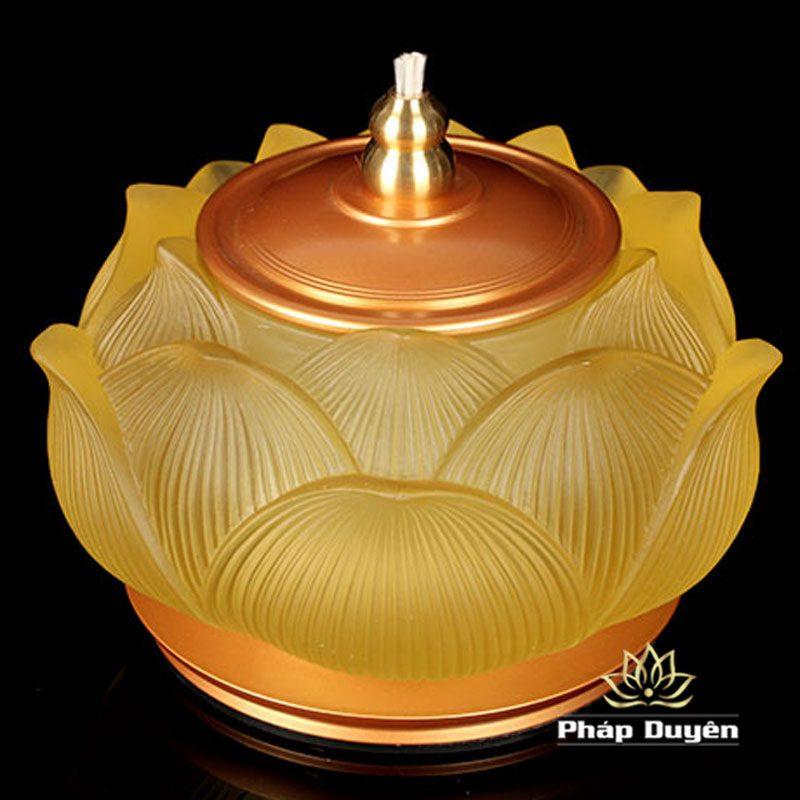Đèn Dầu Bảo Liên Lưu Ly Chân Đồng Vàng, Cao 16cm - Ảnh 8