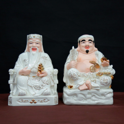 Bộ Tượng Thần Tài - Thổ Địa Ngồi Bằng Sứ Trắng Viền Vàng, Nhiều Kích Cỡ