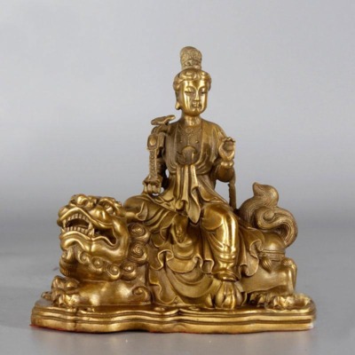 Tượng Ngài Văn Thù Cưỡi Sư Tử Bằng Đồng, Để Xe Hơi, Để Bàn Làm Việc, Cao 12.5cm