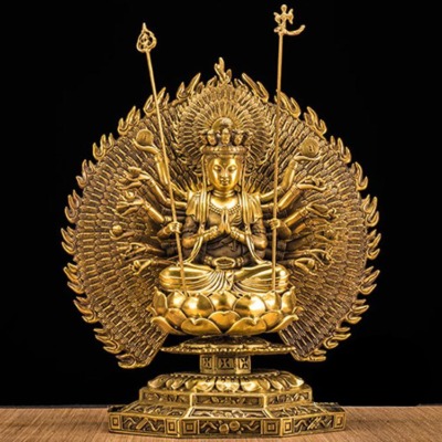 Tượng Nghìn Tay Nghìn Mắt (Thiên Thủ Thiên Nhãn) Ngồi, Bằng Đồng Vàng, Cao 30cm (Tổng 36.5cm)