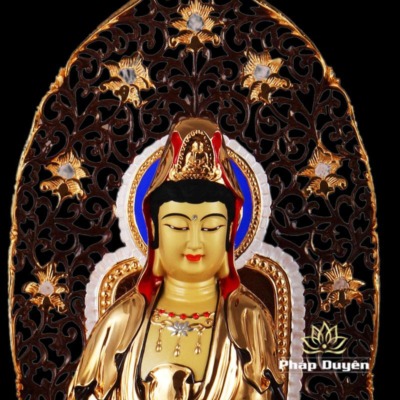 Alternative view of Tượng Phật Bà Quan Âm Lục Thời Đứng, Đồng Đài Loan Mạ Vàng, Kích Thước 64x27x27cm (Tổng Cao 76cm)