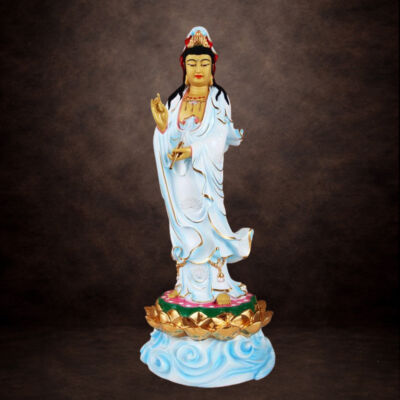 Tượng Phật Bà Quan Âm Đứng Hoa Sen, Đồng Đài Loan Mạ Sơn Cao Cấp, Kích Thước 64x26x23cm