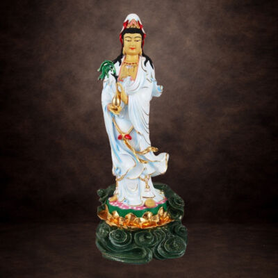 Tượng Phật Bà Quan Âm Đứng Cưỡi Mây, Đồng Đài Loan Mạ Sơn Cao Cấp, Kích Thước 66x26x23cm