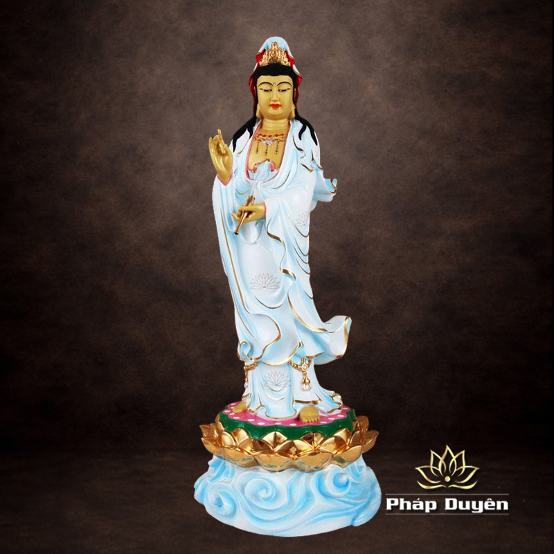 Tượng Phật Bà Quan Âm Đứng Hoa Sen, Đồng Đài Loan Mạ Sơn Cao Cấp, Kích Thước 64x26x23cm - ảnh 6