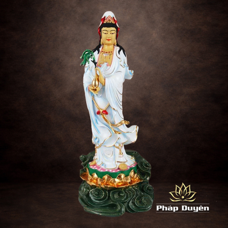 Tượng Phật Bà Quan Âm Đứng Cưỡi Mây, Đồng Đài Loan Mạ Sơn Cao Cấp, Kích Thước 66x26x23cm - ảnh 6