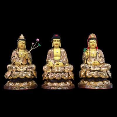 Bộ Tượng Tây Phương Tam Thánh Ngồi, Bằng Đồng Đài Loan Mạ Vàng, Kích Thước 30x18x18cm