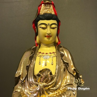 Alternative view of Tượng Phật Bà Quan Âm Phổ Từ Đứng, Đồng Đài Loan Mạ Vàng, Kích Thước 64x27x27cm (Tổng Cao 76cm)