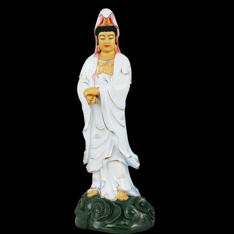 Tượng Phật Bà Quan Âm Lục Thời Đứng, Đồng Đài Loan Mạ Sơn Cao Cấp, Kích Thước 48x20x18cm