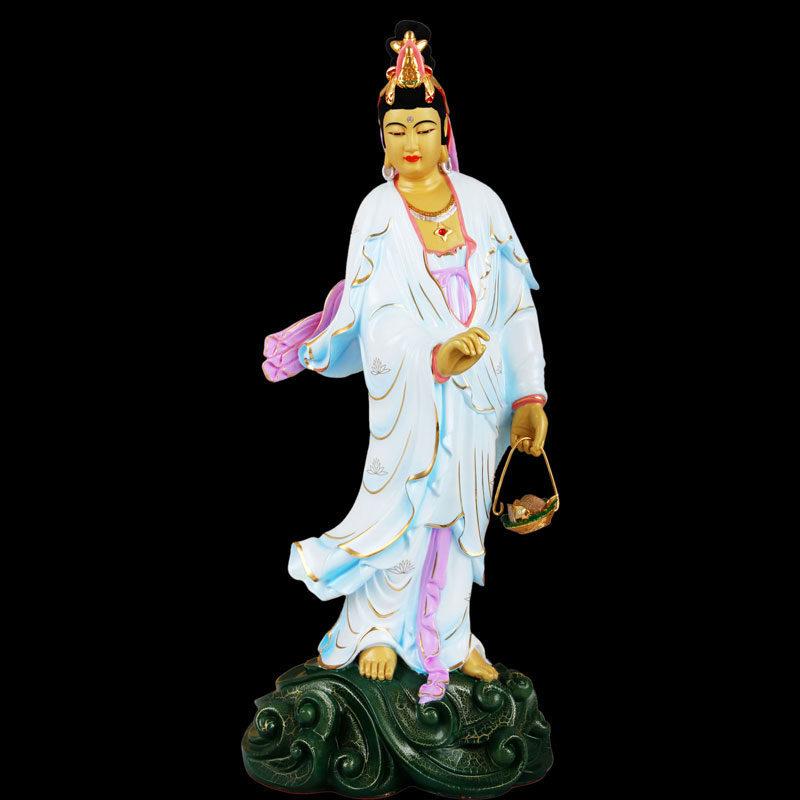 Tượng Phật Bà Quan Âm Hữu Dư Đứng, Đồng Đài Loan Mạ Sơn Cao Cấp, Kích Thước 48x20x18cm