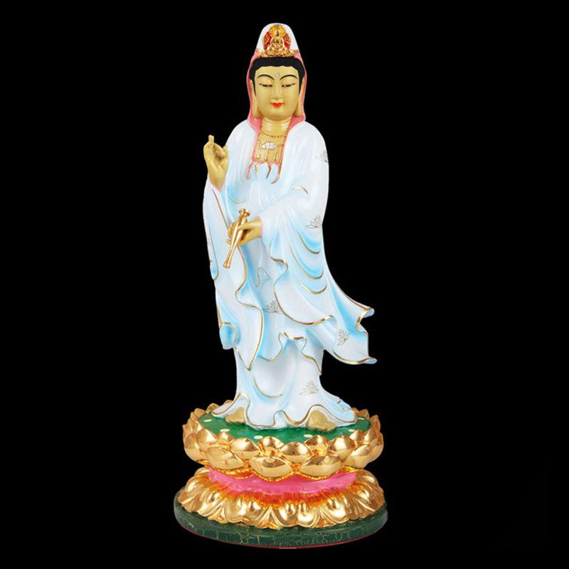 Tượng Phật Bà Quan Âm Đứng Hoa Sen, Đồng Đài Loan Mạ Sơn Cao Cấp, Kích Thước 41x17x17cm