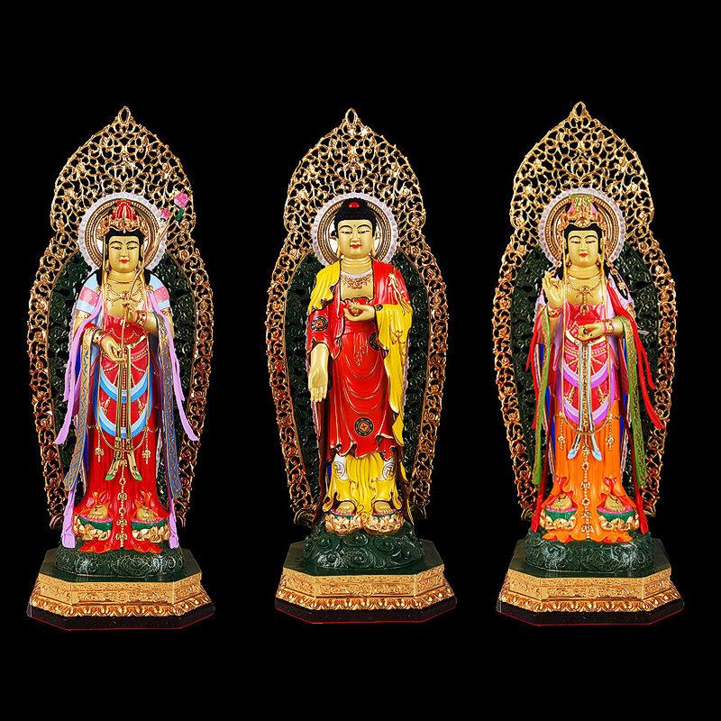Bộ Tượng Tây Phương Tam Thánh Đứng, Bằng Đồng Đài Loan Mạ Sơn Cao Cấp, Kích Thước 48x21x25cm