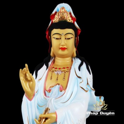 Alternative view of Tượng Phật Bà Quan Âm Đứng Hoa Sen, Đồng Đài Loan Mạ Sơn Cao Cấp, Kích Thước 64x26x23cm