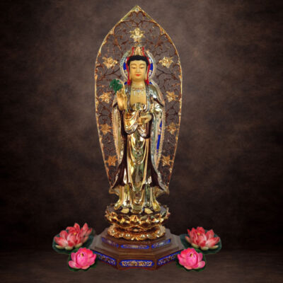 Tượng Đồng Ngài Quan Âm Đứng, Đồng Đài Loan Mạ Vàng, Kích Thước 81x34x34cm (Tổng Cao 98cm)