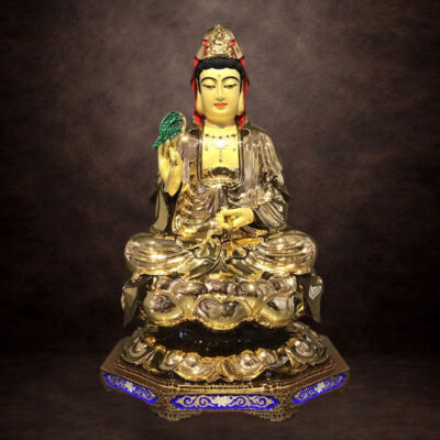 Tượng Phật Bà Quan Âm Ngồi, Đồng Đài Loan Mạ Vàng, Kích Thước 41x27x27cm