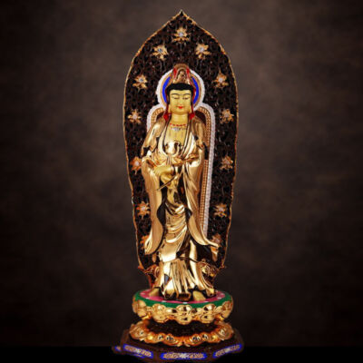 Tượng Phật Bà Quan Âm Lục Thời Đứng, Đồng Đài Loan Mạ Vàng, Kích Thước 64x27x27cm (Tổng Cao 76cm)