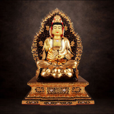 Tượng Phật Bà Quan Âm Ngồi Có Lá Đề, Đồng Đài Loan Mạ Vàng, Kích Thước 44x32x27cm (Tổng Cao 52cm)