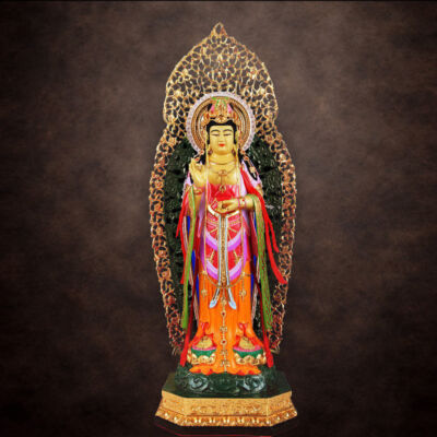 Tượng Phật Bà Quan Âm Đứng Áo Đỏ Có Hào Quang, Đồng Đài Loan Mạ Vàng, Kích Thước 48x21x25cm (Tổng Cao 62cm)