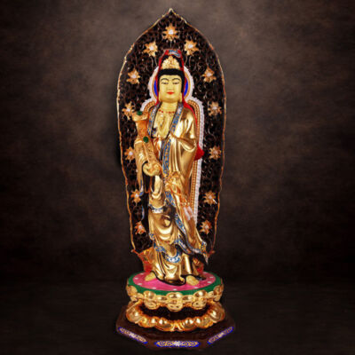Tượng Quan Âm Như Ý Đứng Có Hào Quang, Bằng Đồng Đài Loan Mạ Vàng, Kích Thước 64x27x27cm (Tổng Cao 76cm)