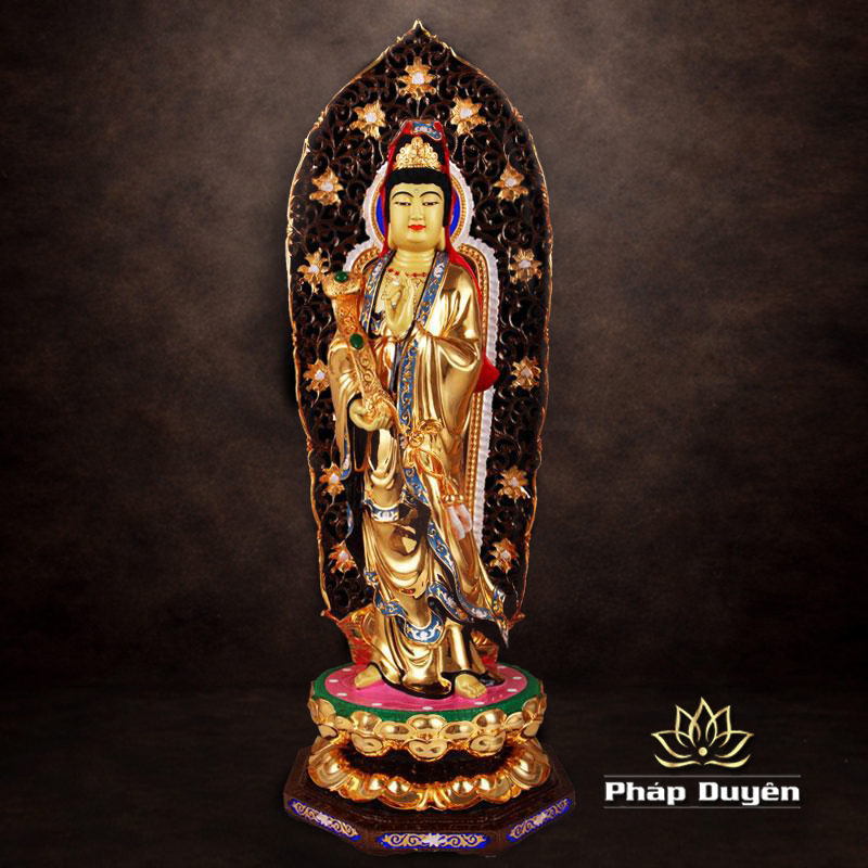 Tượng Quan Âm Như Ý Đứng Có Hào Quang, Bằng Đồng Đài Loan Mạ Vàng, Kích Thước 64x27x27cm (Tổng Cao 76cm) - ảnh 5