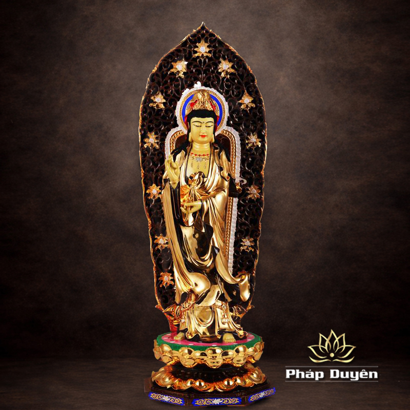 Tượng Phật Bà Quan Âm Đứng Hoa Sen Có Hào Quang, Đồng Đài Loan Mạ Vàng, Kích Thước 64x27x27cm (Tổng Cao 76cm) - ảnh 5