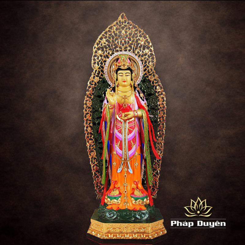 Tượng Phật Bà Quan Âm Đứng Áo Đỏ Có Hào Quang, Đồng Đài Loan Mạ Vàng, Kích Thước 48x21x25cm (Tổng Cao 62cm) - ảnh 5