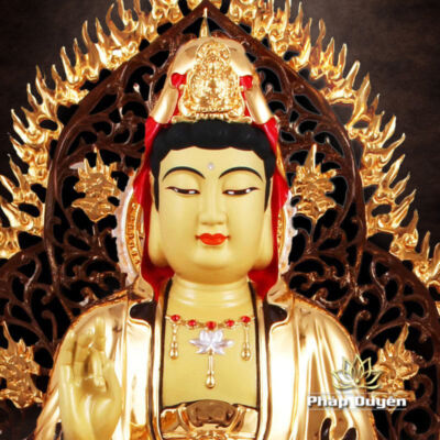 Hình ảnh bổ sung của Tượng Phật Bà Quan Âm Ngồi Có Lá Đề, Đồng Đài Loan Mạ Vàng, Kích Thước 44x32x27cm (Tổng Cao 52cm)