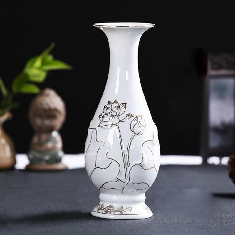 Lọ Hoa (Bình Bông) Thờ Cúng Gốm Trắng Hoa Sen Viền Vàng Dáng Thon, Cao 25cm | 30cm