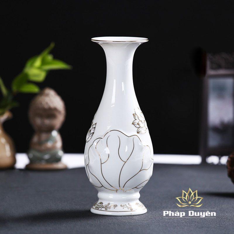 Lọ Hoa (Bình Bông) Thờ Cúng Gốm Trắng Hoa Sen Viền Vàng Dáng Thon, Cao 25cm | 30cm - Ảnh 2